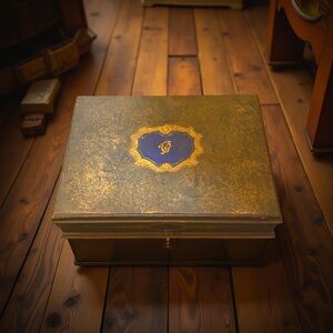 1940’s Brown & Gold Decorative Silverware Box w/ Royal Blue Interior